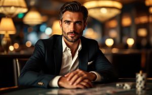 Portrait éditorial réaliste d’un homme élégant assis dans un lounge de luxe à Monaco, éclairé par des lampes chaudes de table et des lumières tamisées en arrière-plan.