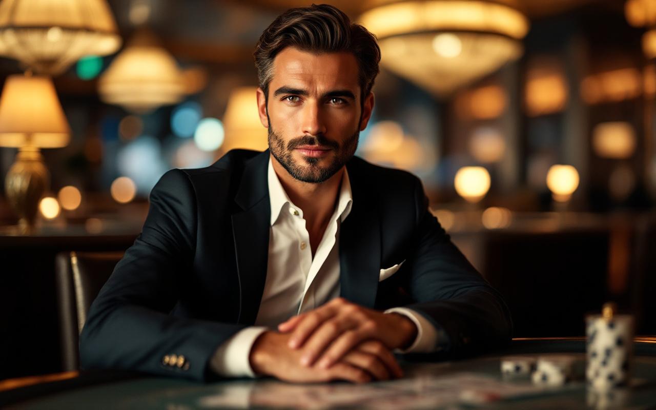 Portrait éditorial réaliste d’un homme élégant assis dans un lounge de luxe à Monaco, éclairé par des lampes chaudes de table et des lumières tamisées en arrière-plan.