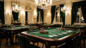 Intérieur élégant d’un club de jeux parisien avec tables de tournoi, jetons, cartes, bois sombre, velours vert et lustres en cristal.